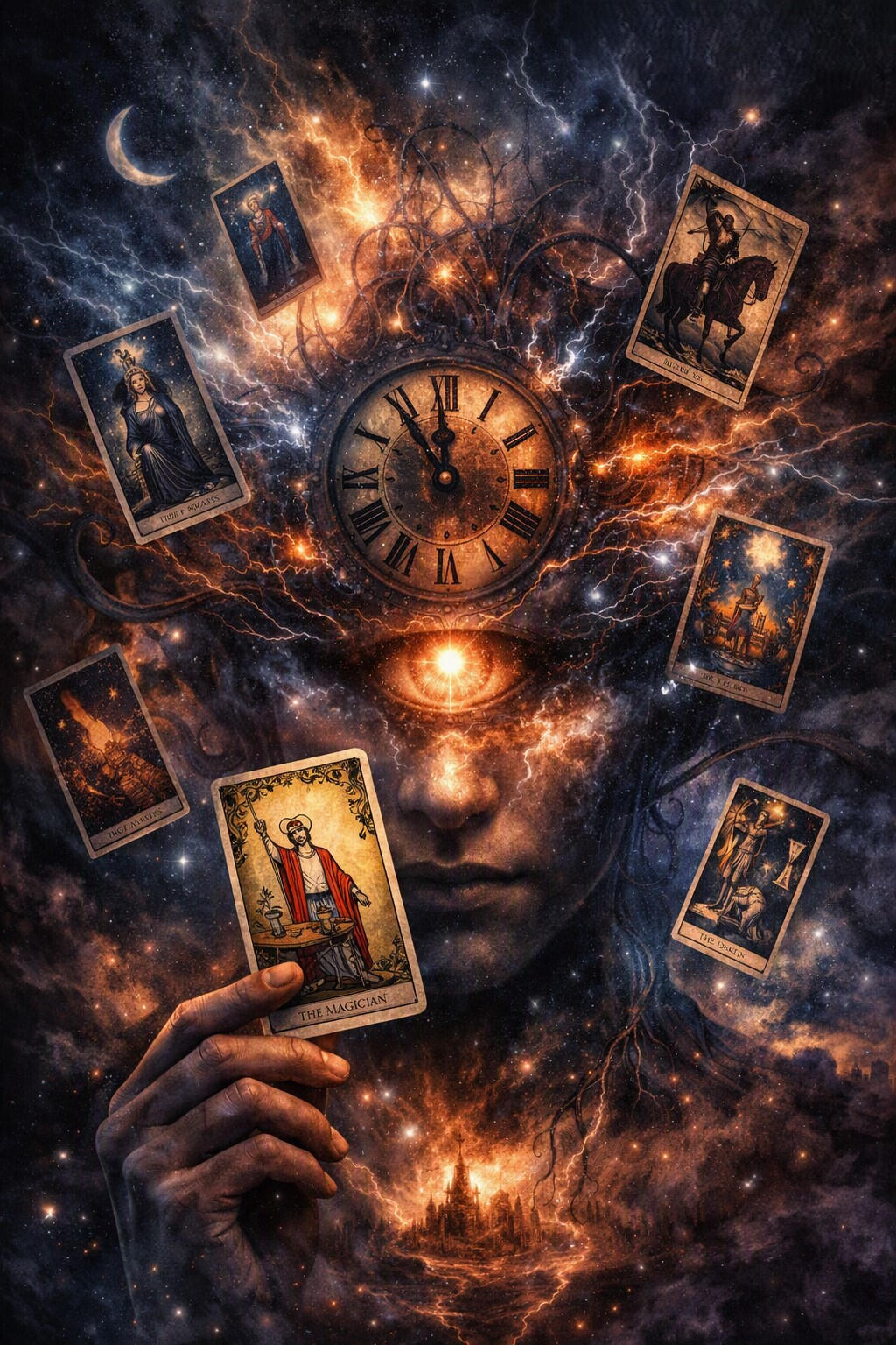 The Intense Integration of the Multi-Layered Intuitive Rush - Click Image to Visit truedivinitytarot.com Cosmic tarot card reading illustration with a glowing third eye, mystical nebula, central clock face, and a hand holding the Magician card for shadow work intuitive guidance.